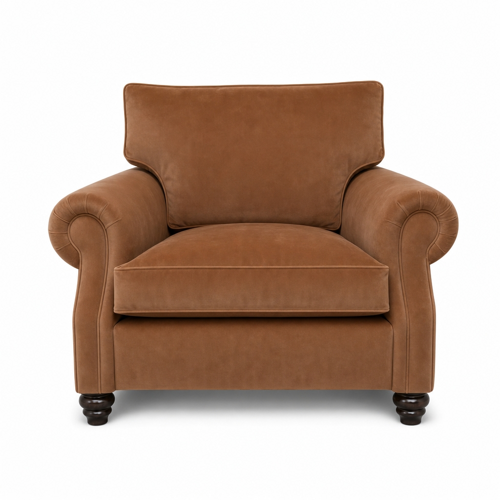 A classic brown velvet armchair with rolled arms, a high backrest, and dark wooden turned legs, shown against a plain white background.