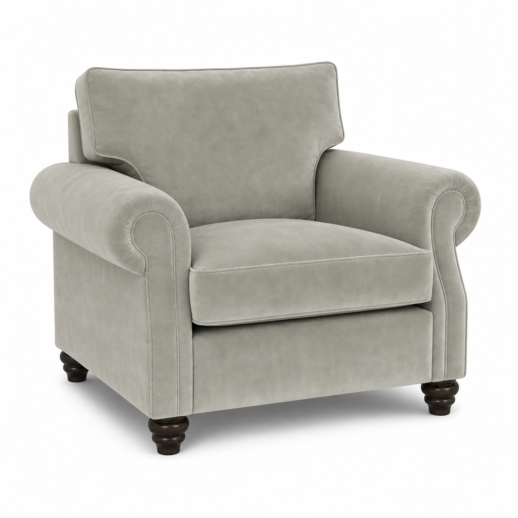 A classic upholstered armchair in a light gray fabric with dark brown turned wooden legs, shown against a plain white background.