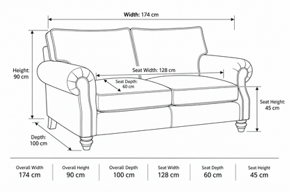 A black and white line drawing of a two-seater sofa with dimension labels and measurements for width, height, depth, and seat dimensions.