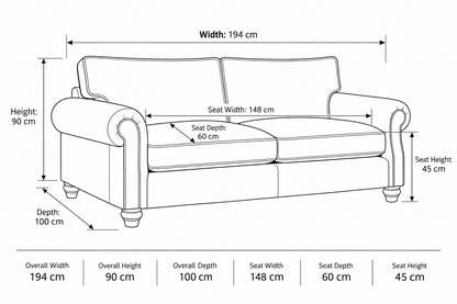 A black and white line drawing of a three-seat sofa with dimension labels and measurements for width, height, depth, and seat dimensions.