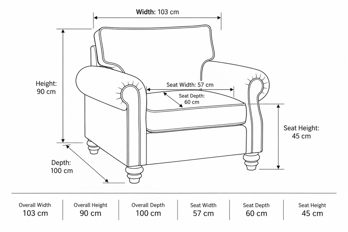 Black and white line drawing of an armchair with labeled dimensions showing overall width, height, depth, seat width, seat depth, and seat height.