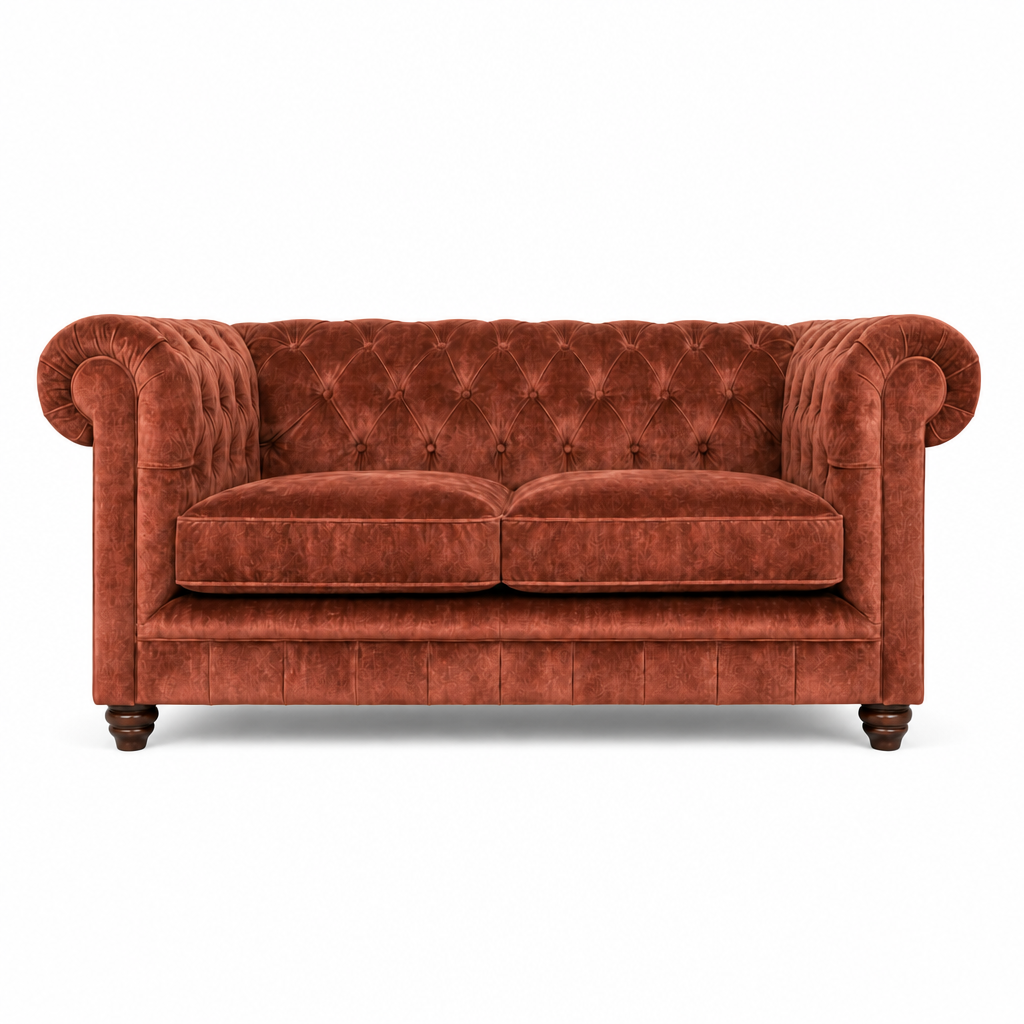 Red velvet sofa with tufted backrest on a white background