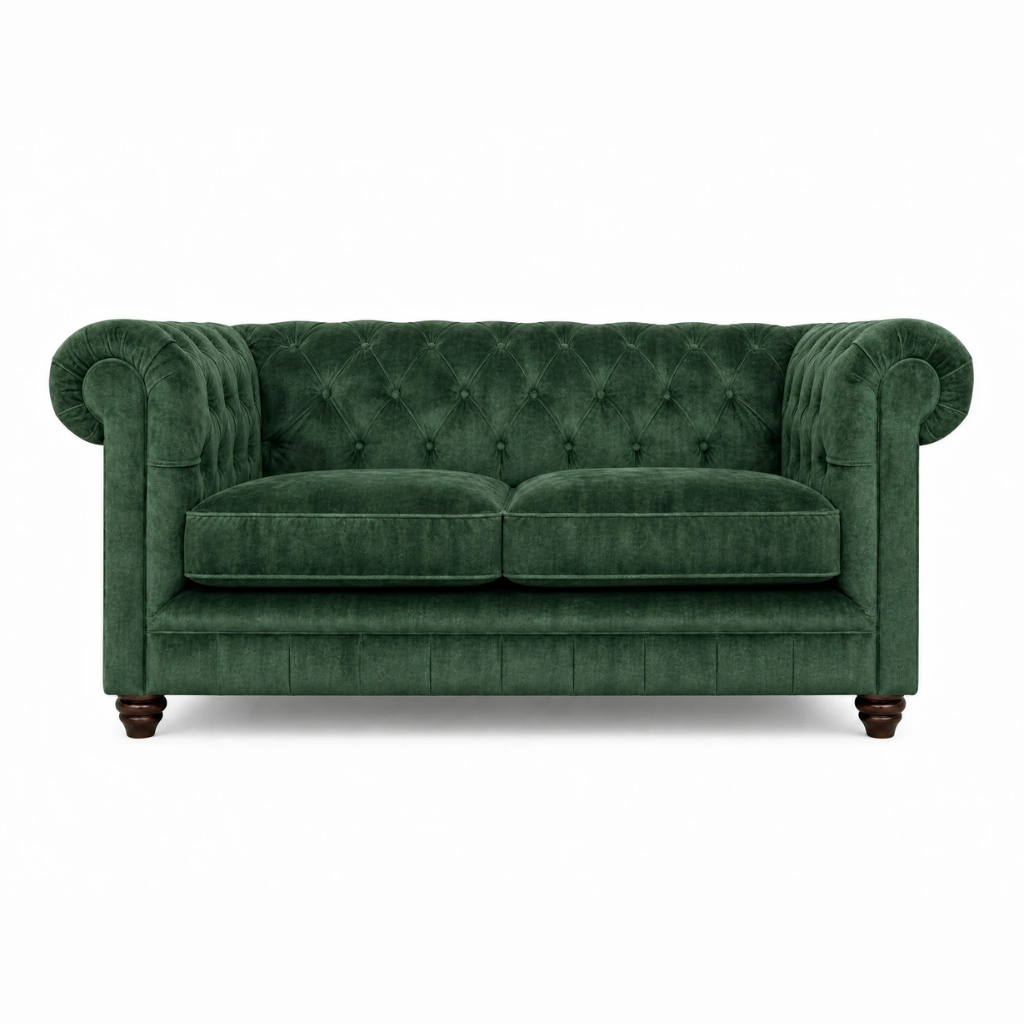 Green velvet sofa on a white background
