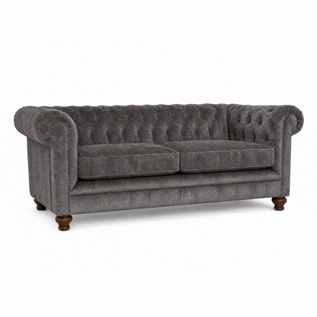Gray velvet sofa with wooden legs on a white background