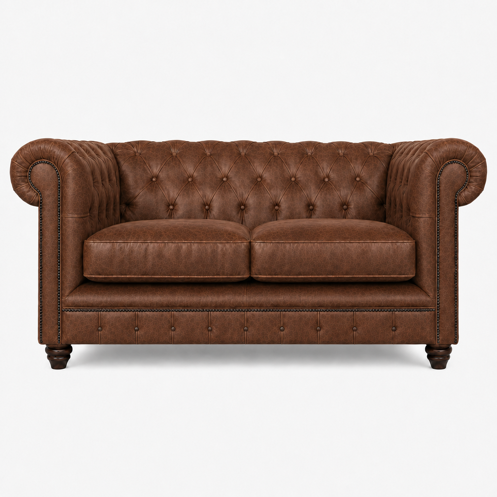 Brown leather sofa with tufted backrest on a white background