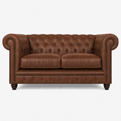 Brown leather sofa with tufted backrest on a white background