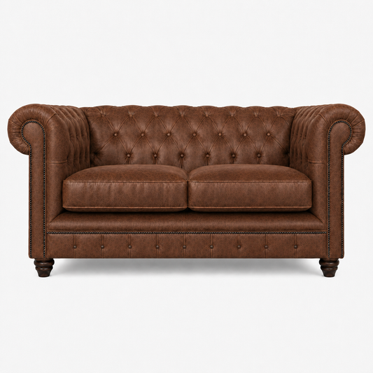 Brown leather sofa with tufted backrest on a white background