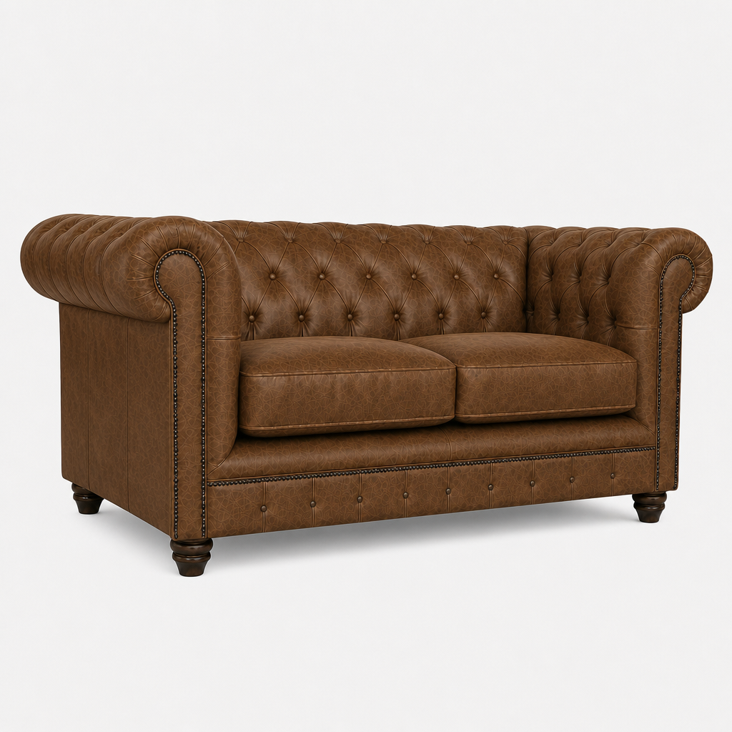 Brown leather sofa with tufted backrest on a white background