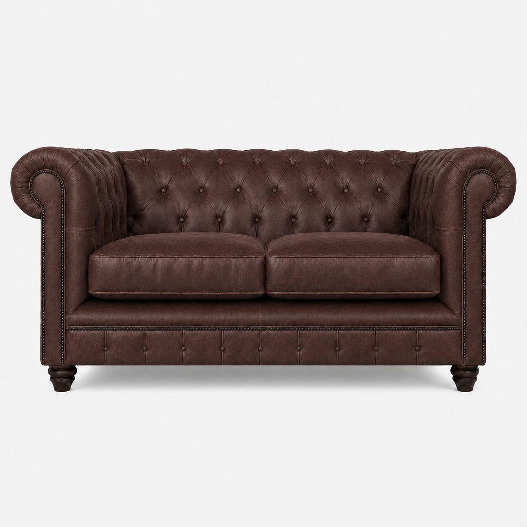 Brown leather sofa with tufted backrest on a white background