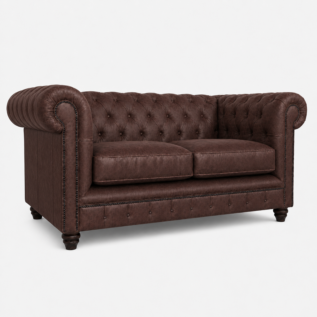 Brown leather sofa with tufted backrest on a white background
