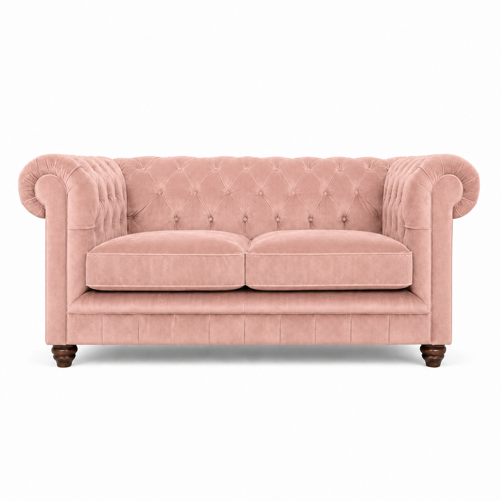 A classic Chesterfield-style loveseat sofa upholstered in dusty pink velvet, featuring a tufted backrest, rolled arms, two seat cushions, and dark wooden legs, shown against a plain white background.