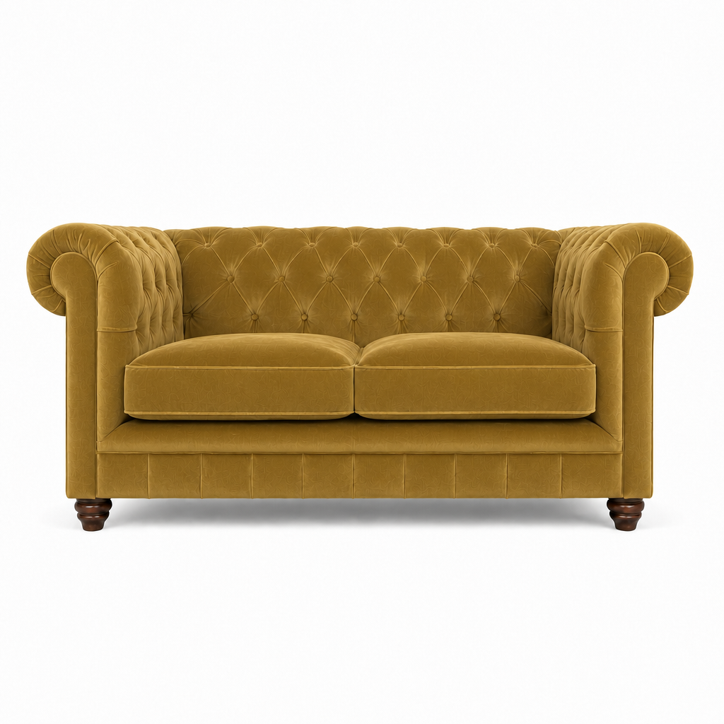 A classic Chesterfield loveseat sofa upholstered in mustard yellow velvet, featuring a tufted diamond pattern on the backrest and seat, rolled arms, two loose seat cushions, and dark wooden legs, shown against a plain white background.