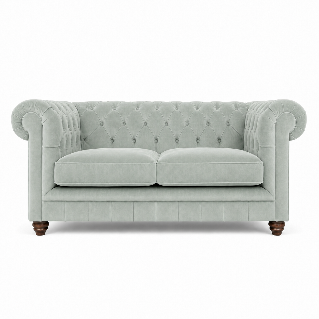 A classic Chesterfield loveseat sofa upholstered in a light blue velvet fabric, featuring tufted button detailing on the backrest and arms, two loose seat cushions, and dark brown turned wood legs, shown against a plain white background.