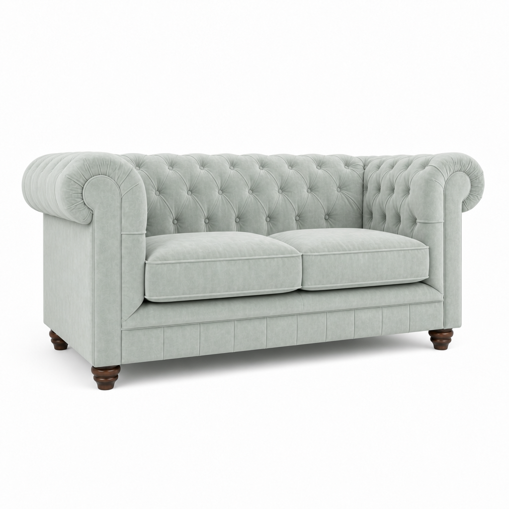 A classic Chesterfield loveseat sofa upholstered in a light blue fabric, featuring deep button tufting, rolled arms, two loose seat cushions, and dark wooden legs, shown on a plain white background.