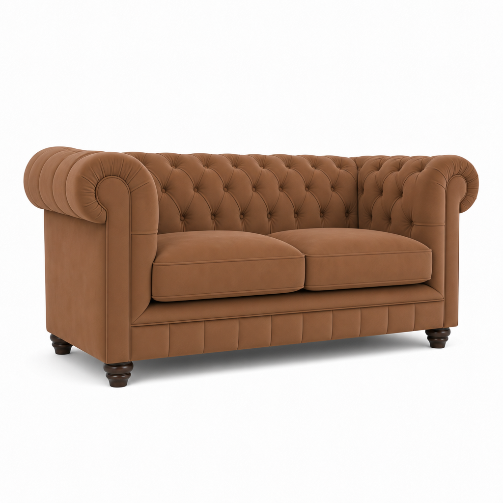A classic Chesterfield loveseat sofa upholstered in warm camel brown fabric, featuring deep button tufting, rolled arms, two seat cushions, and dark turned wood legs, shown on a plain white background.