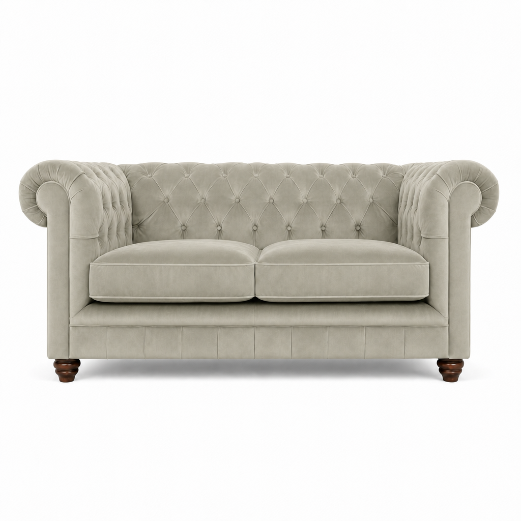 A classic Chesterfield loveseat sofa upholstered in a light beige textured fabric, featuring a tufted backrest, rolled arms, two seat cushions, and dark brown wooden legs, shown against a plain white background.