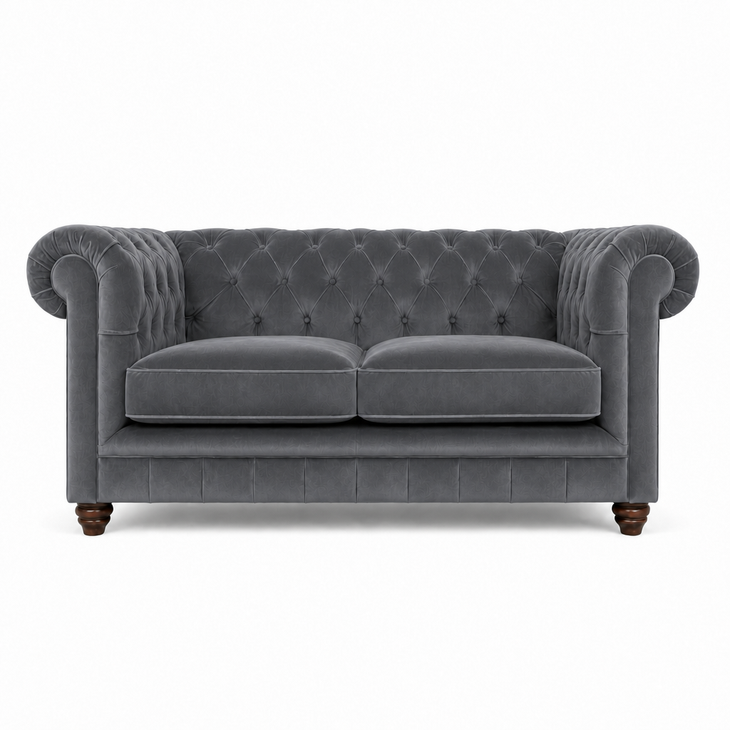 A classic Chesterfield loveseat sofa upholstered in dark gray velvet, featuring a tufted diamond pattern on the backrest, rolled arms, two loose seat cushions, and dark wooden legs, shown against a plain white background.