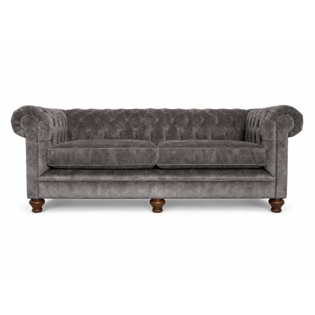 Gray velvet sofa with wooden legs on a white background