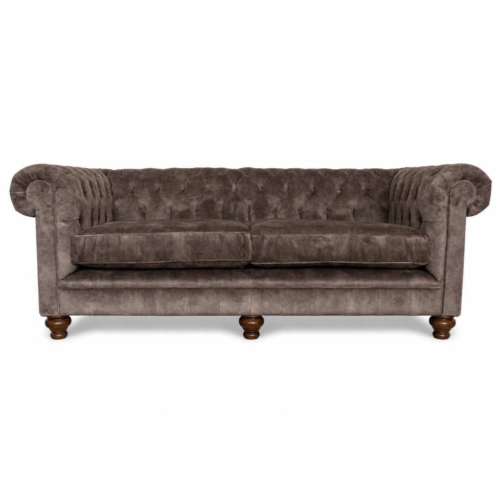 Brown velvet sofa with wooden legs on a white background