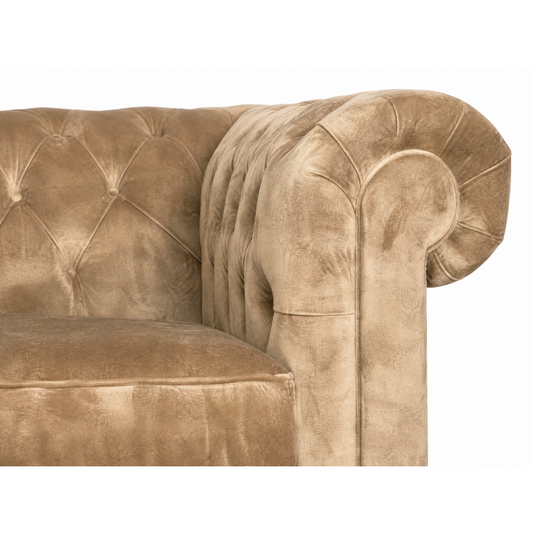 Brown velvet armchair with tufted backrest on a white background