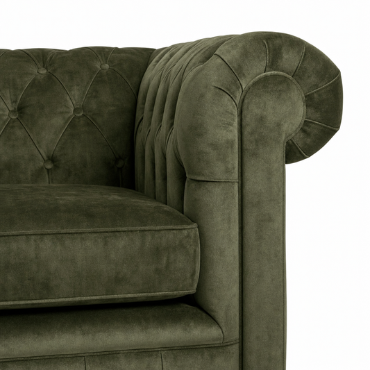 Close up fabric on olive green sofa