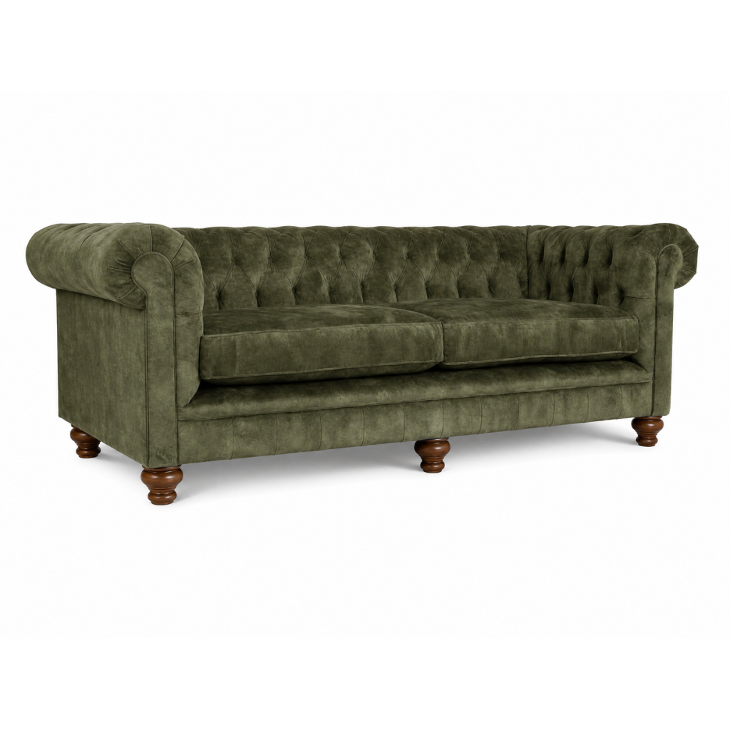 Olive green sofa angle on white background