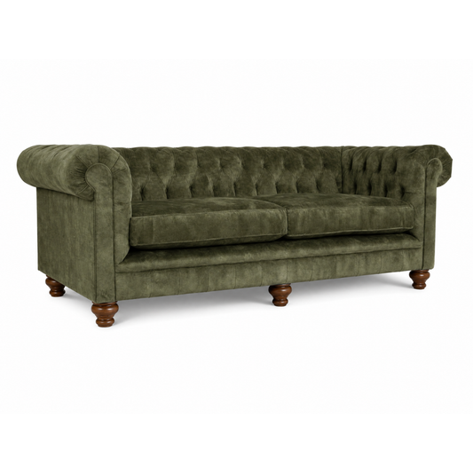 Olive green sofa angle on white background
