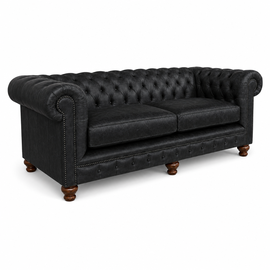 Black leather Chesterfield sofa on a white background