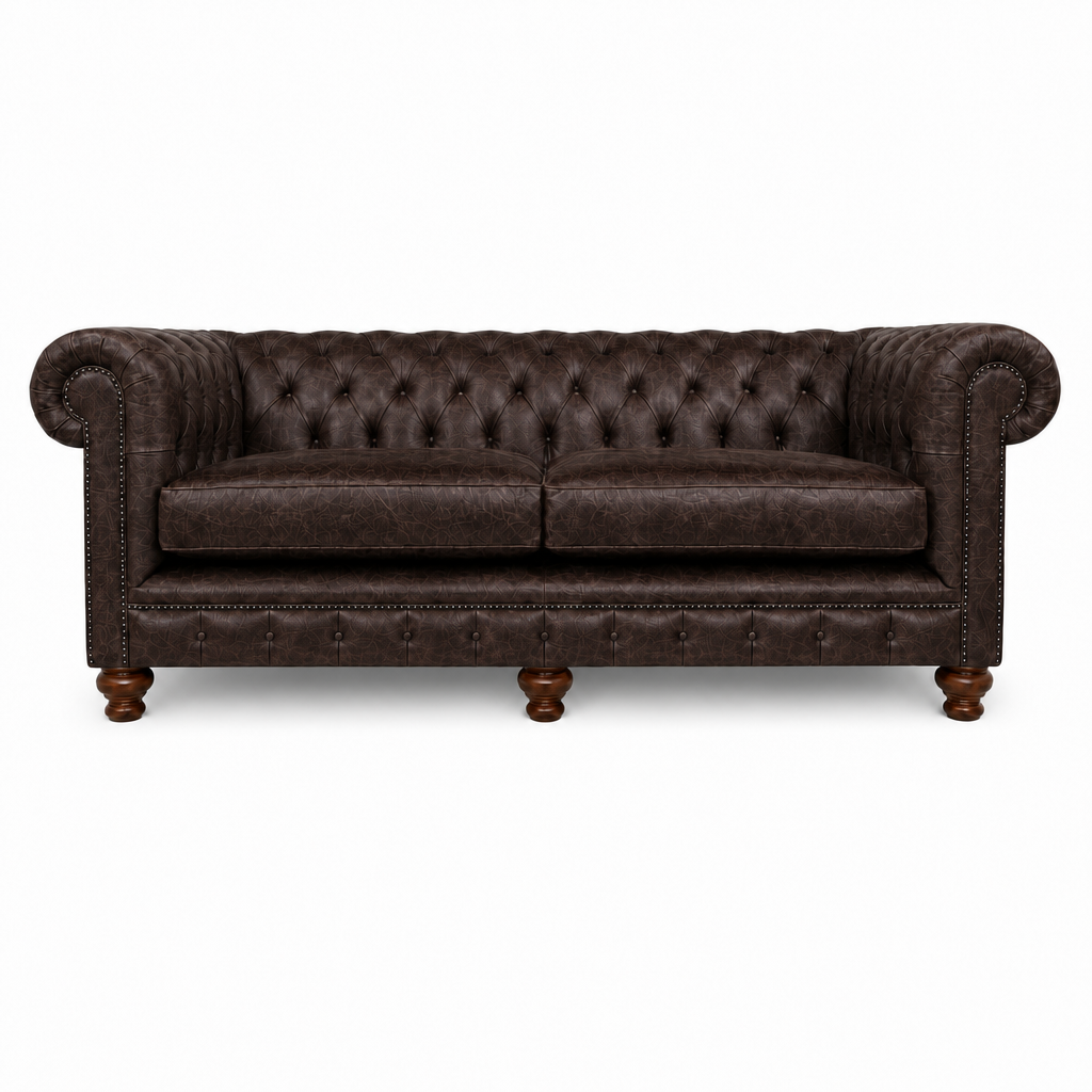 Brown leather sofa with tufted backrest on a white background