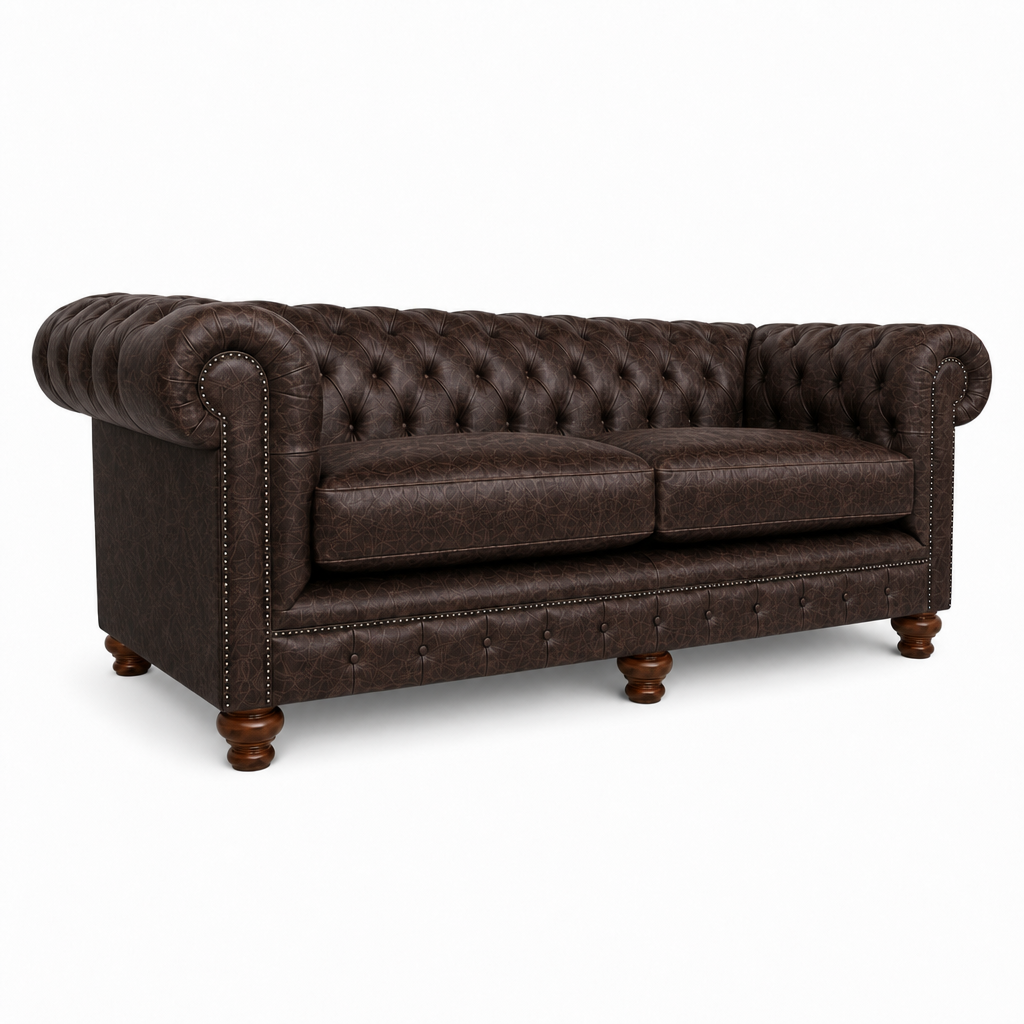 Brown leather sofa with tufted backrest on a white background