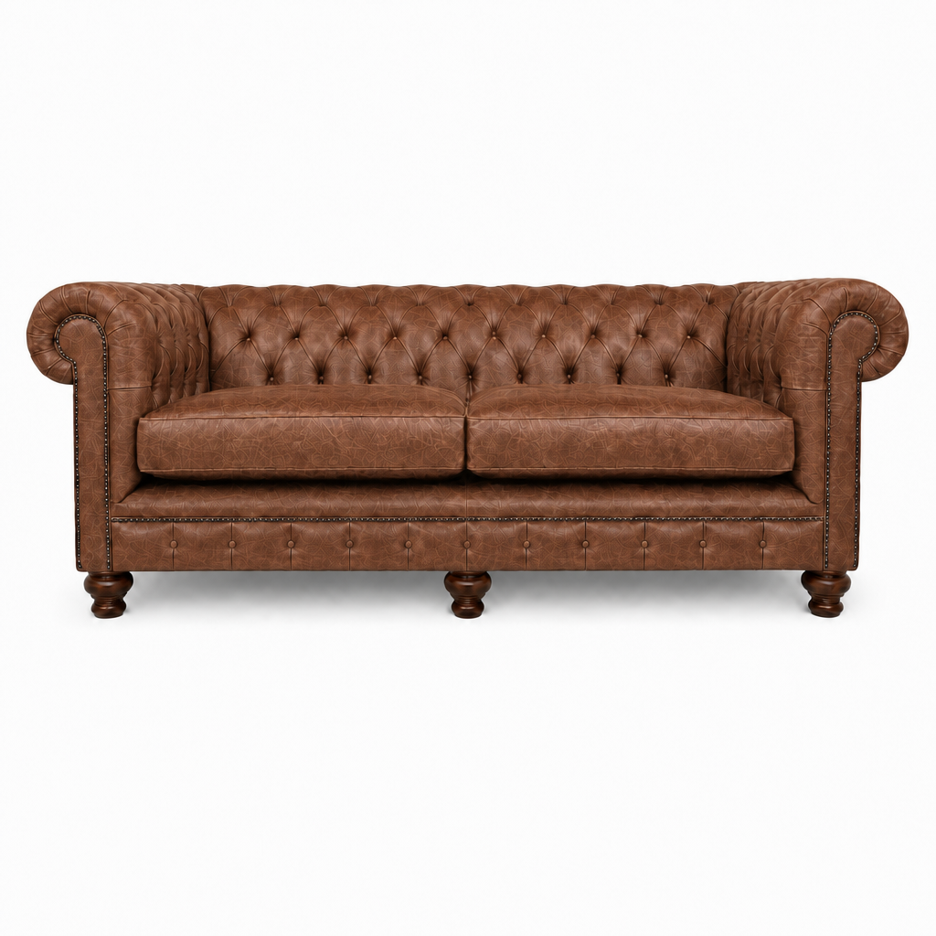 Brown leather sofa with tufted backrest on a white background