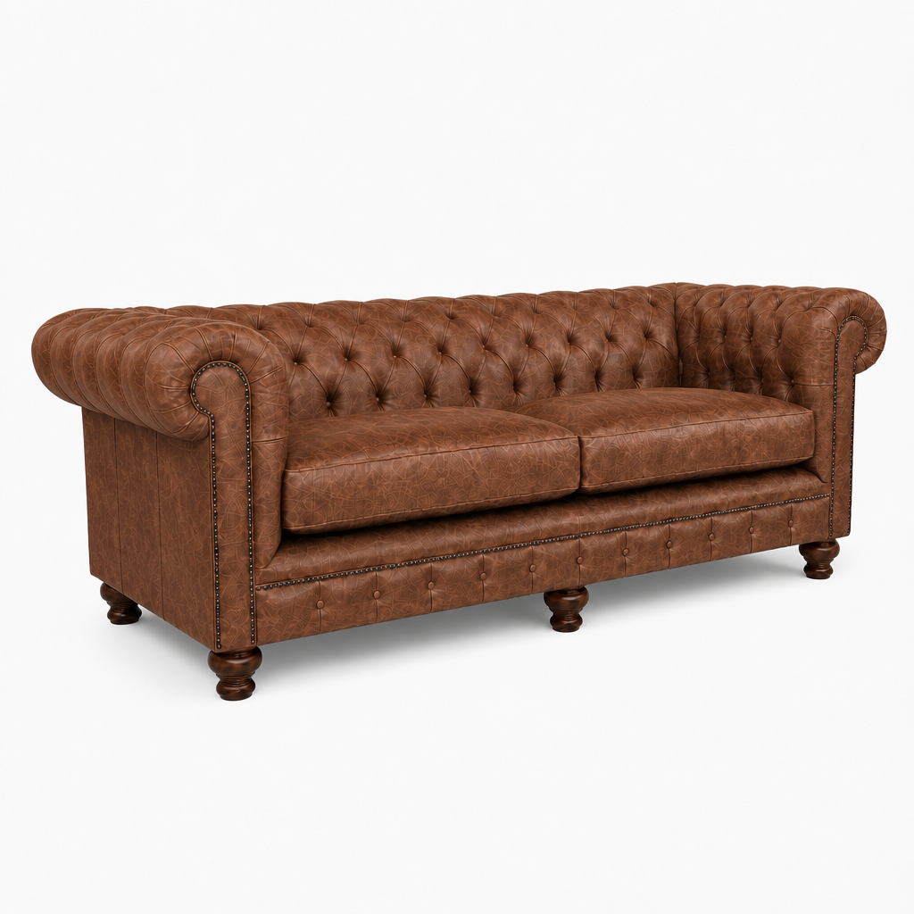 Brown leather sofa with tufted backrest on a white background