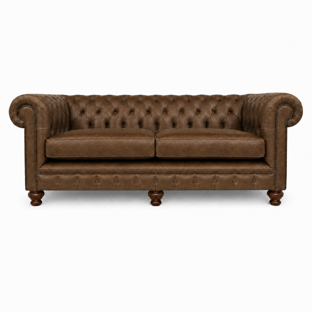 Brown leather sofa with tufted backrest on a white background