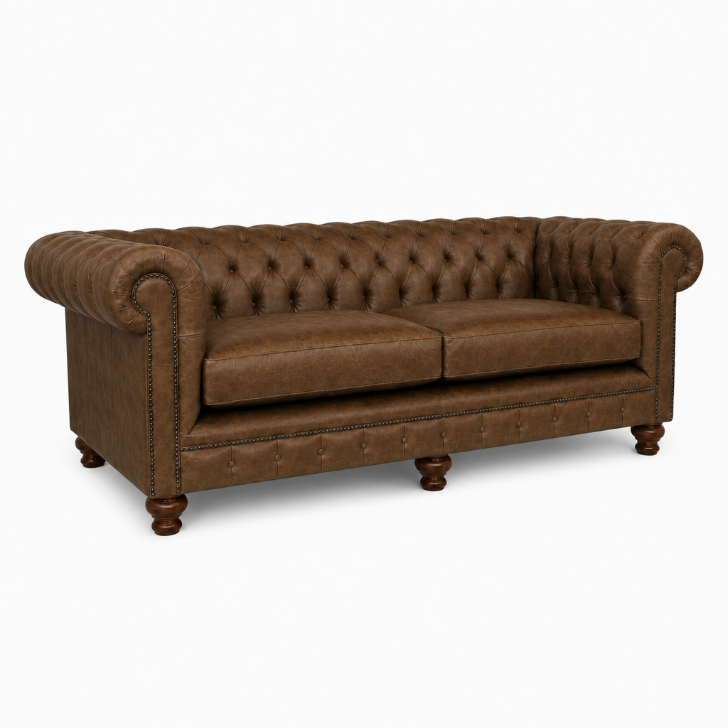Brown leather sofa with tufted backrest on a white background