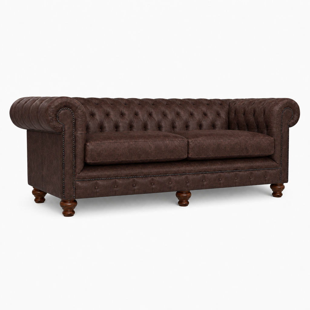 Brown leather sofa with tufted backrest on a white background