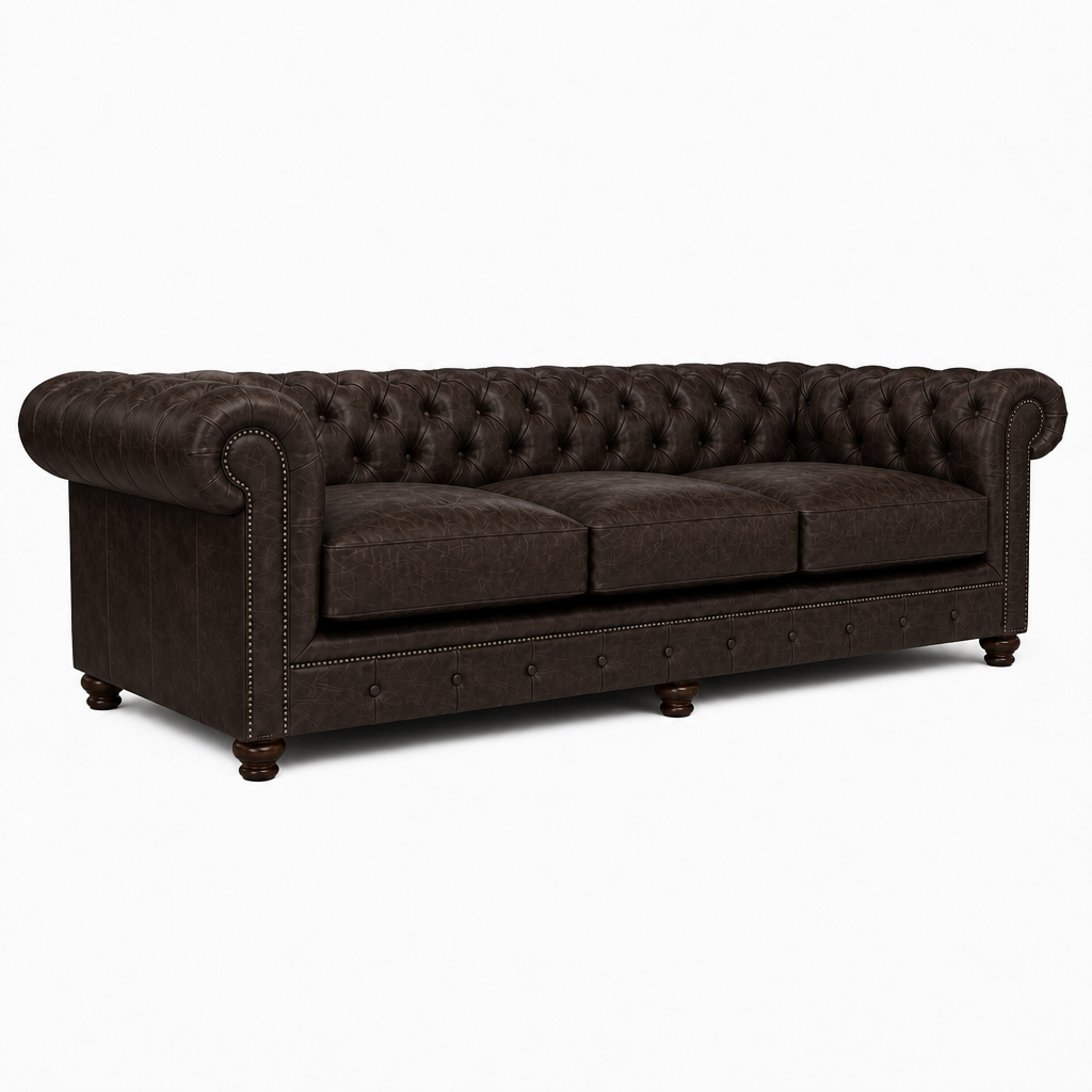 Brown tufted sofa on a white background