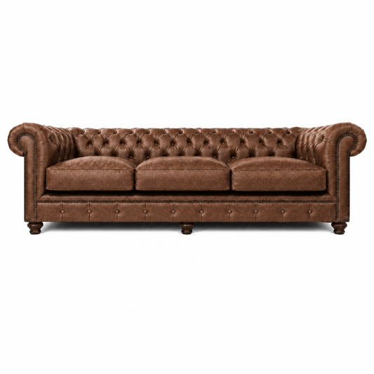 Brown leather sofa with tufted backrest on a white background