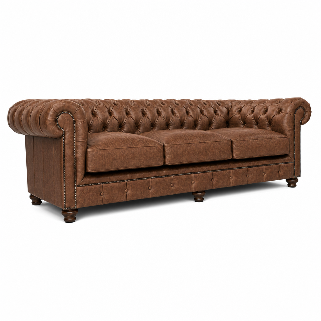Brown leather sofa with tufted backrest on a white background