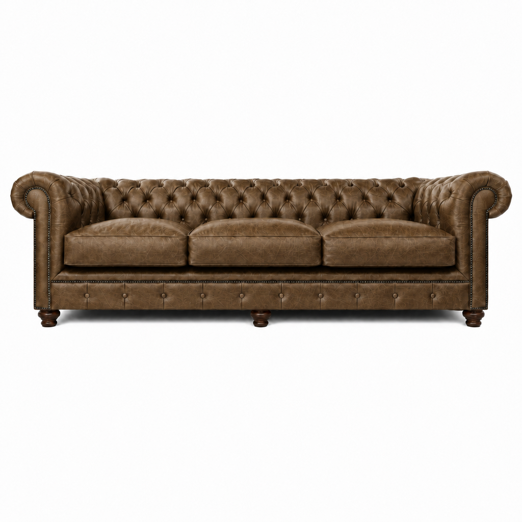 Brown leather sofa with tufted backrest on a white background