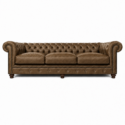 Brown leather sofa with tufted backrest on a white background