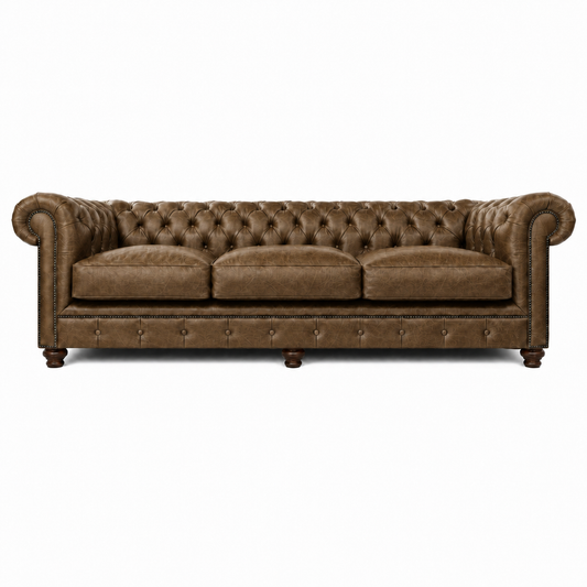 Brown leather sofa with tufted backrest on a white background
