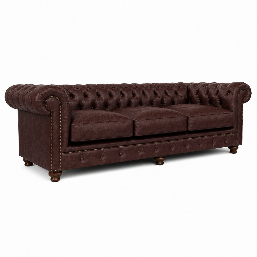 Brown leather sofa with tufted backrest on a white background