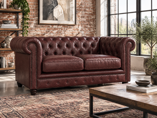 A dark reddish-brown leather Chesterfield loveseat sofa in a rustic living room setting with a brick wall, large window, and wooden coffee table.