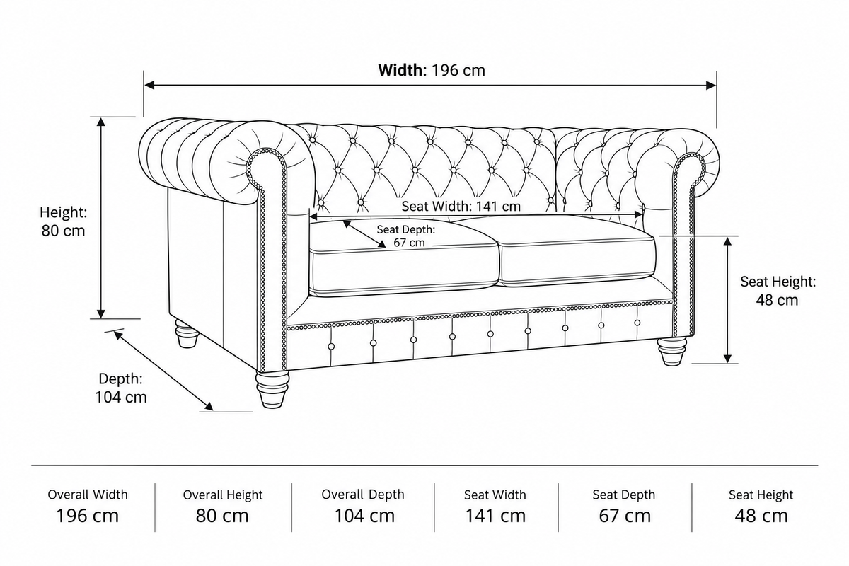 Black and white line drawing of a tufted sofa with dimension labels showing overall width, height, depth, seat width, seat depth, and seat height.