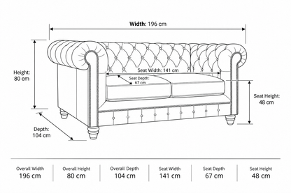 Black and white line drawing of a tufted sofa with dimension labels showing overall width, height, depth, seat width, seat depth, and seat height.