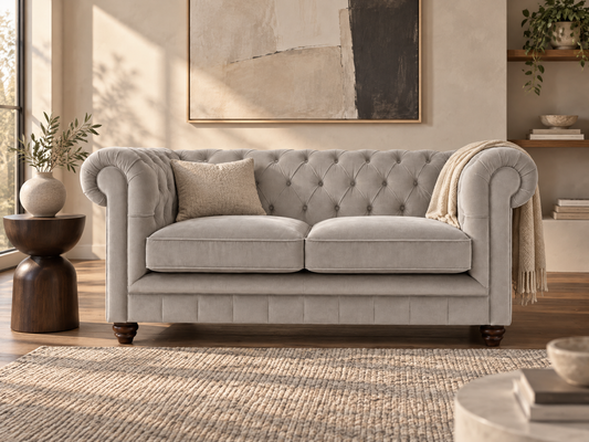 A light gray tufted loveseat sofa in a styled living room setting, featuring a matching throw pillow, a beige throw blanket, a textured rug, and a side table.