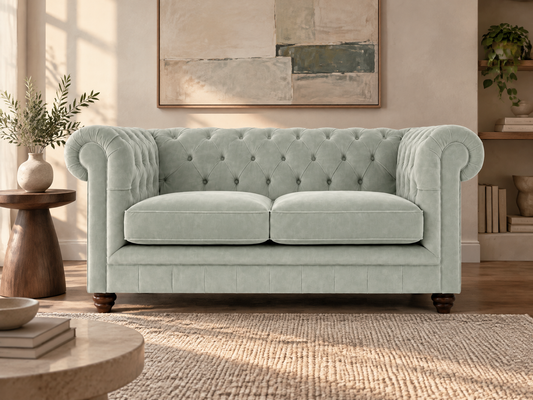 A classic Chesterfield loveseat sofa upholstered in a light sage green velvet fabric, set in a beautifully styled living room with a wooden coffee table, a woven rug, and wall art.