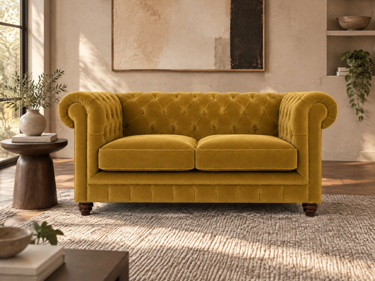 A mustard yellow tufted velvet loveseat sofa in a styled living room setting with a side table, rug, and wall art.