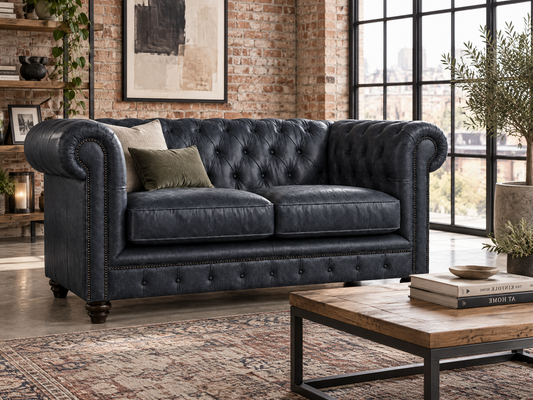 A dark navy blue tufted leather loveseat in a rustic, industrial-style living room with exposed brick walls, a wooden coffee table, and a patterned rug.