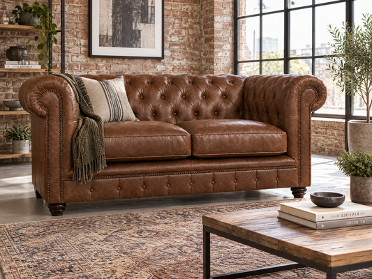 A brown leather Chesterfield loveseat sofa in a rustic living room setting with a brick wall, large windows, a wooden coffee table, and a patterned rug.